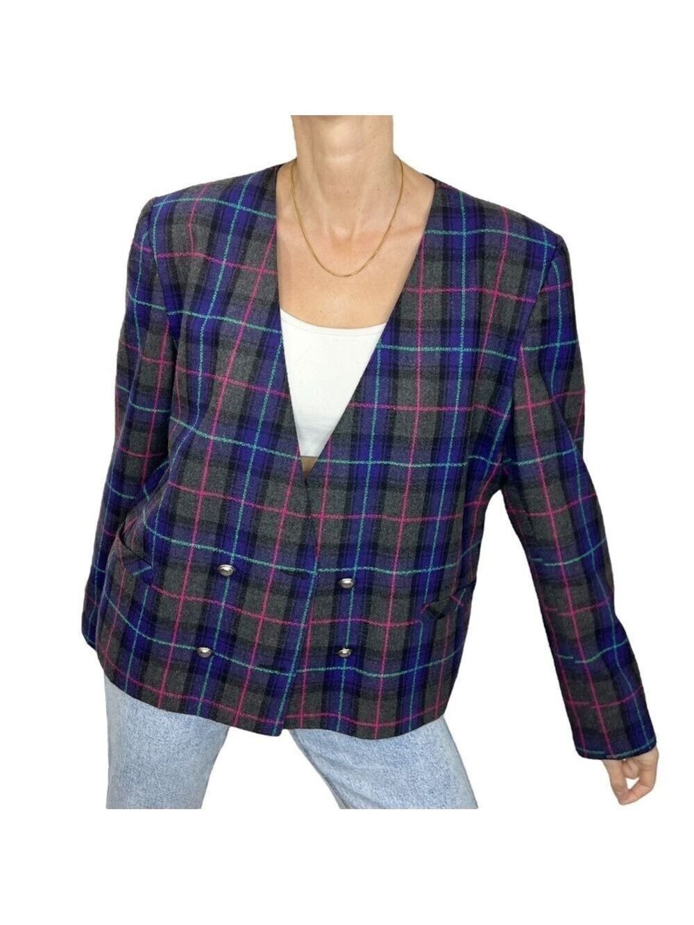 Vintage wool blend boxy purple grey plaid jacket blazer 14